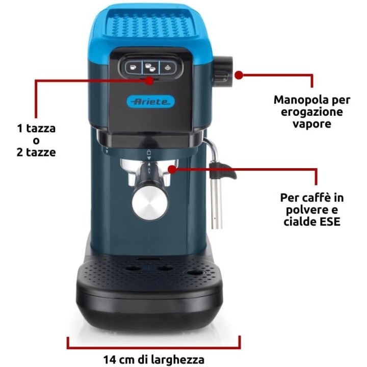 Machine à café expresso compacte Ariete 1399 - Bleu - 15 bars - Cappuccino - Dosettes ESE