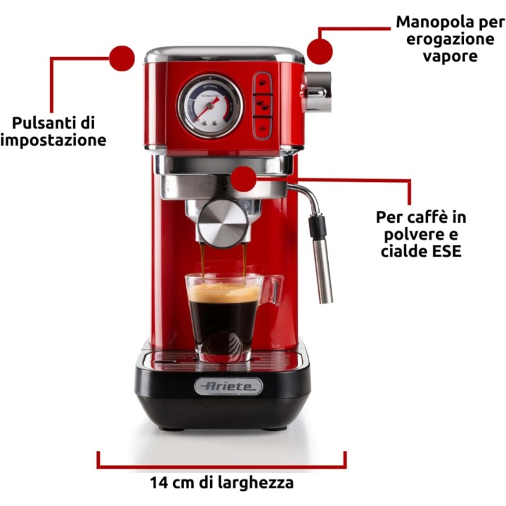 Machine à espresso compacte Ariete 1381 - Manomètre, cappuccino, café moulu/ESE-pads - Rouge