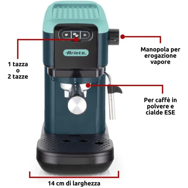 Machine à café expresso compacte Ariete 1399 - Bleu ciel - Cappuccino et dosettes ESE