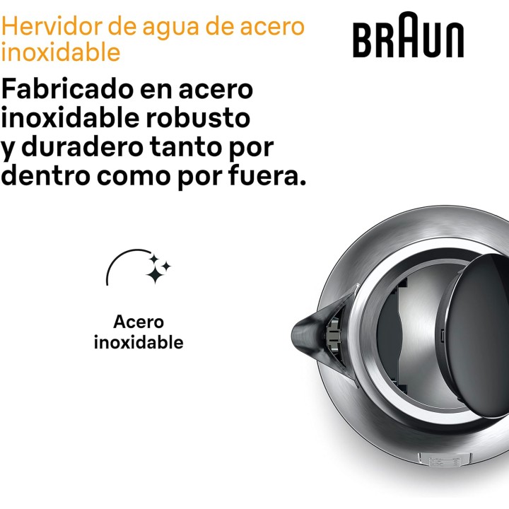 Bouilloire électrique 1,7L Braun - Acier inoxydable, arrêt automatique, base 360°