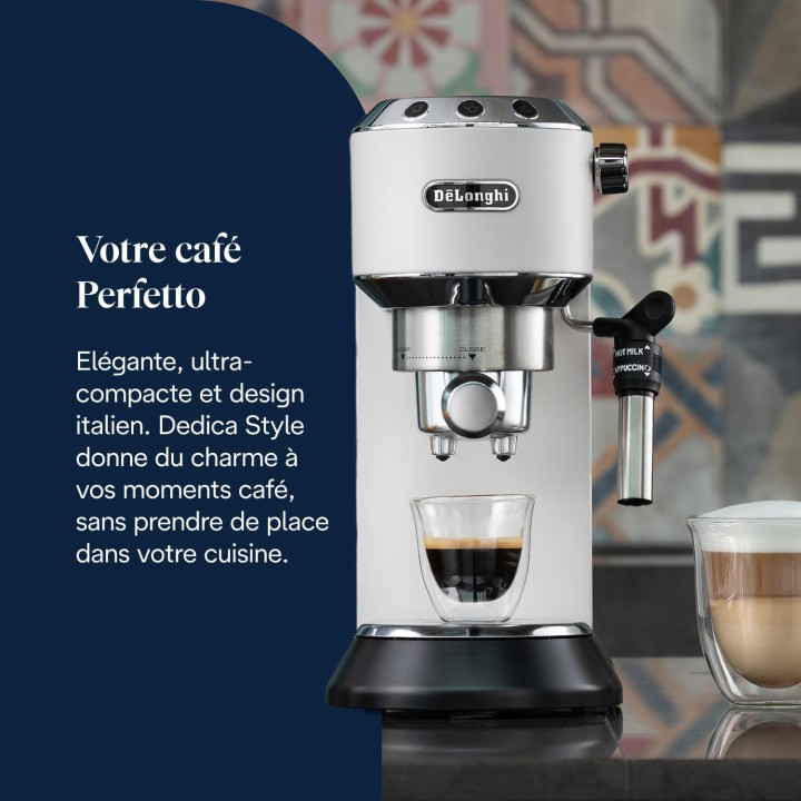 Machine à espresso De'Longhi Dedica Style EC685.W - 15 bars, buse vapeur, inox blanc, compacte
