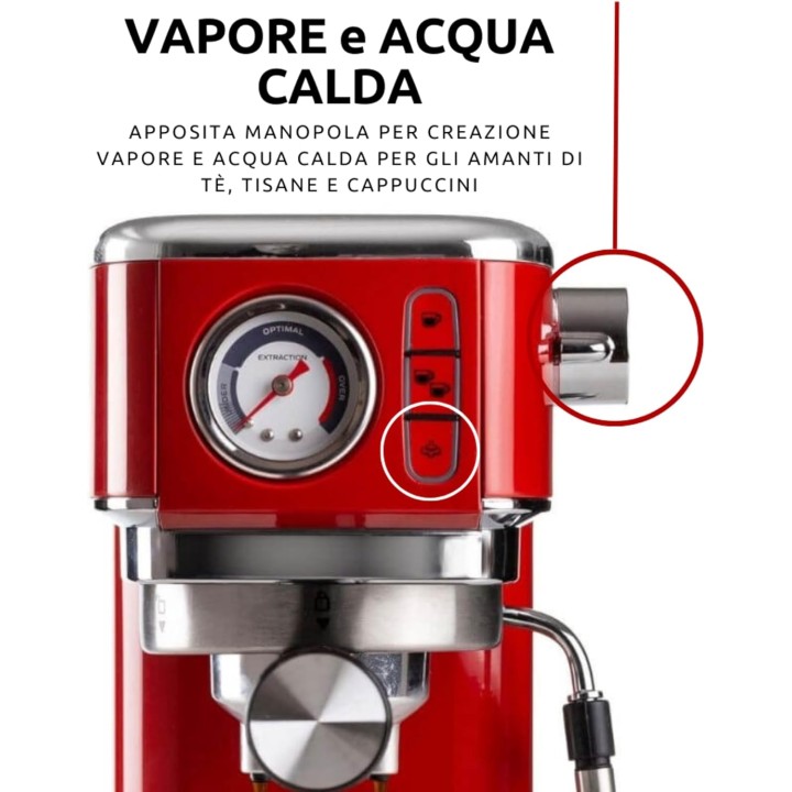 Machine à espresso compacte Ariete 1381 - Manomètre, cappuccino, café moulu/ESE-pads - Rouge