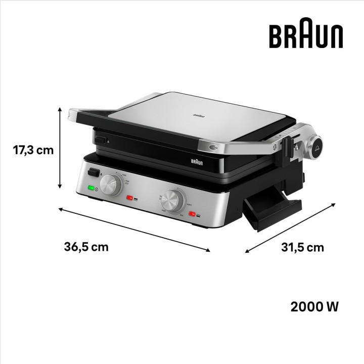 Gril de contact électrique Braun CG7020 - 3 plaques, inox, 2000W, grande capacité