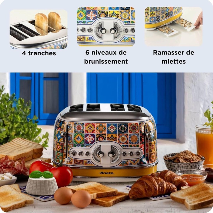 Grille-pain 4 fentes Ariete 156 Positano - Style méditerranéen, métal, éjection automatique