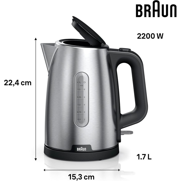Bouilloire électrique 1,7L Braun - Acier inoxydable, arrêt automatique, base 360°