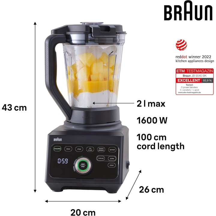 Blender Braun PowerBlend 9 JB9040BK - 1600W, bol Tritan 2L, 10 vitesses, Pulse, Tri-Action