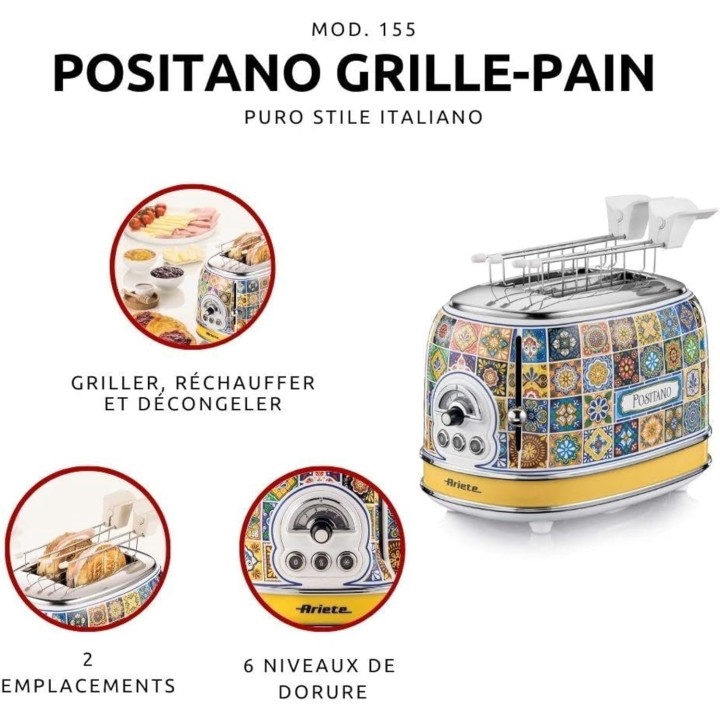 Grille-pain 2 fentes larges Ariete Positano - 6 niveaux, éjection automatique
