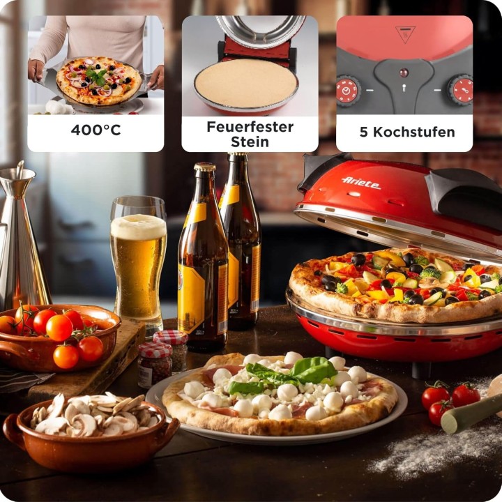 Four à pizza Ariete 909 - 400°C, 5 niveaux, pierre réfractaire, rouge