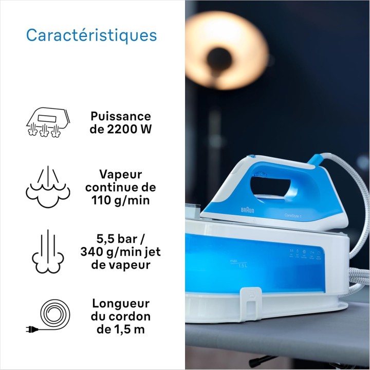 Centrale vapeur compacte Braun CareStyle 1 - DoubleSteam, FreeGlide 3D, réservoir 1,5L