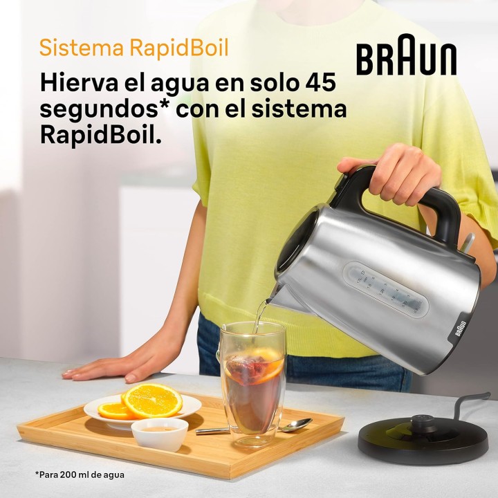 Bouilloire électrique 1,7L Braun - Acier inoxydable, arrêt automatique, base 360°