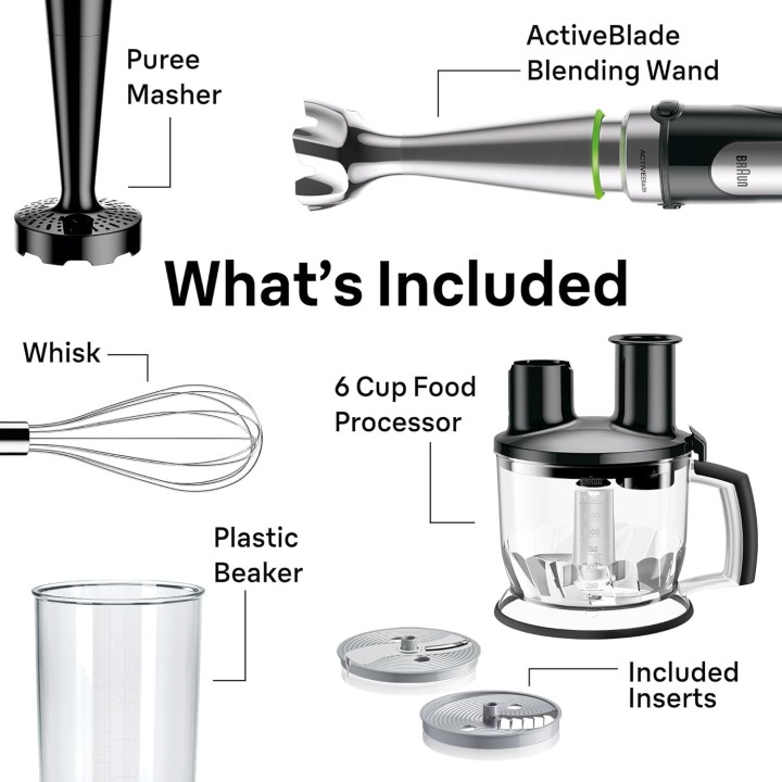 Mixeur plongeant 4-en-1 Braun 500W acier inoxydable avec robot, fouet et presse-purée