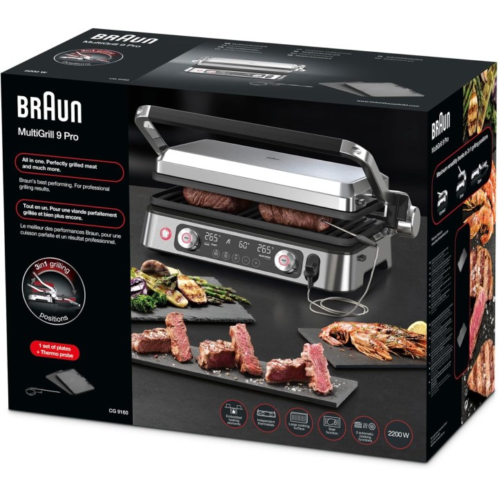Gril électrique Braun MultiGrill 9 Pro - 2 thermostats, 3 positions, thermosonde, 2200W