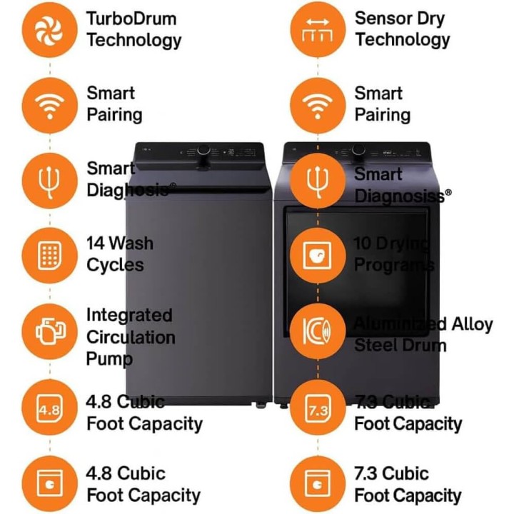 Colonne lave-linge/sèche-linge LG - TurboWash, WiFi, vapeur, grande capacité, noir mat