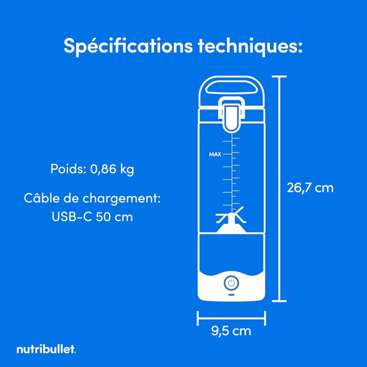 Blender portable NutriBullet 475 ml - Nomade, USB-C, lames inox, sans BPA