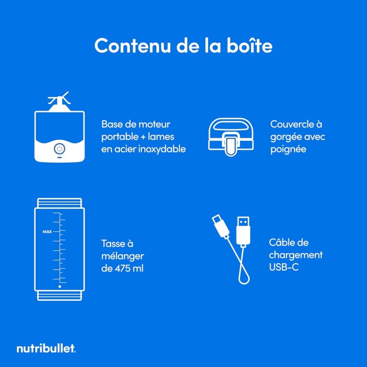 Blender portable NutriBullet 475 ml - Nomade, USB-C, lames inox, sans BPA