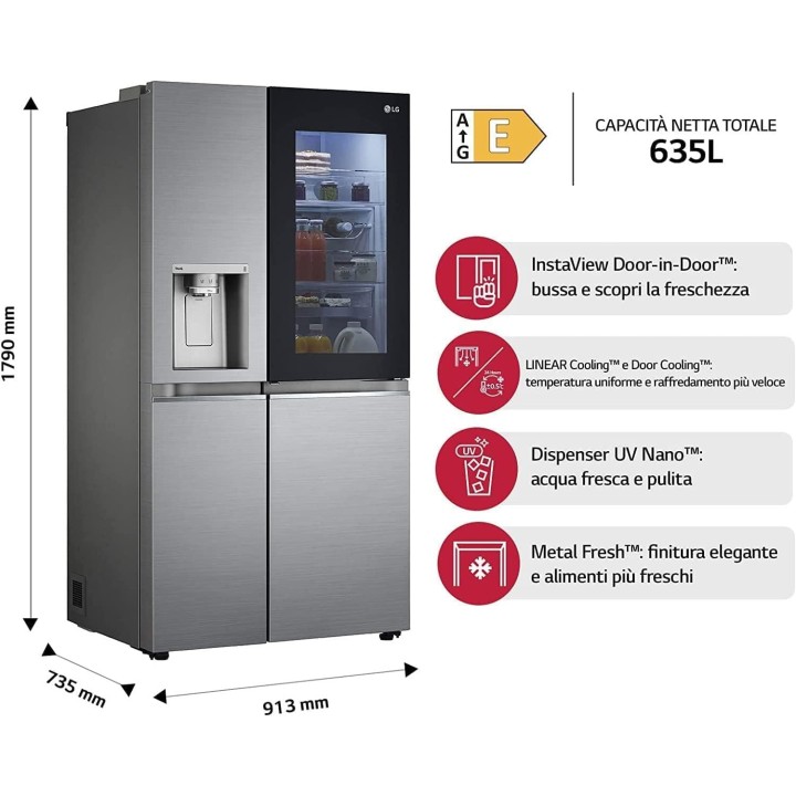 Réfrigérateur américain LG 635L - InstaView, No Frost, Distributeur eau/glace, Inox