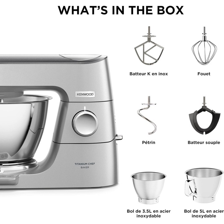 Robot pâtissier Kenwood Titanium Chef Baker - Balance intégrée, 2 bols, 1200W, argent