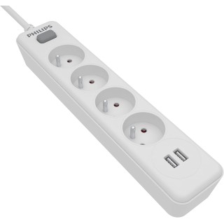 Multiprise parafoudre Philips 4 prises + 2 ports USB - câble 2m - blanc