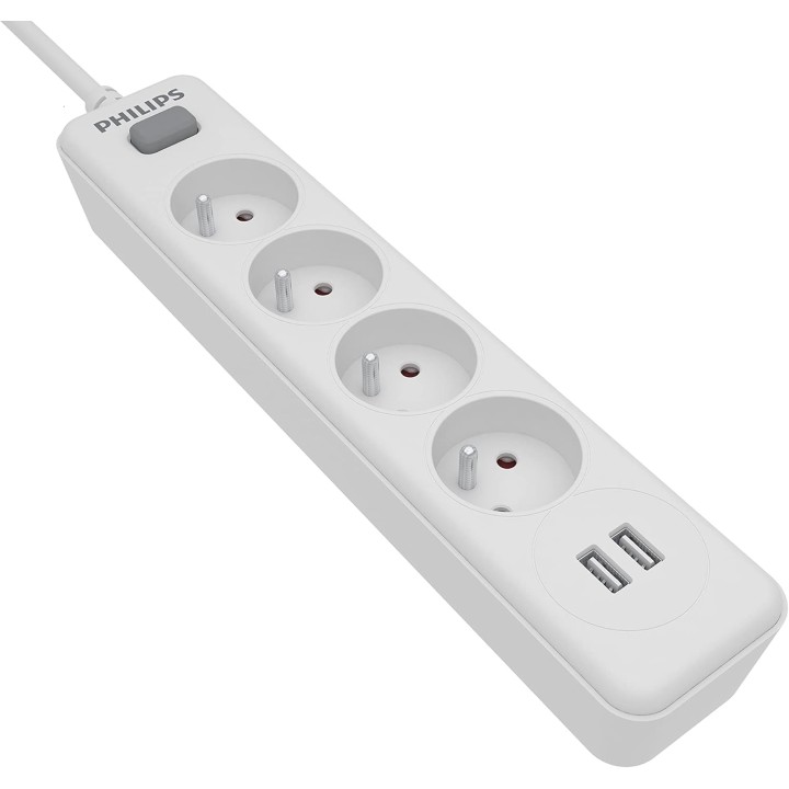 Multiprise parafoudre Philips 4 prises + 2 ports USB - câble 2m - blanc