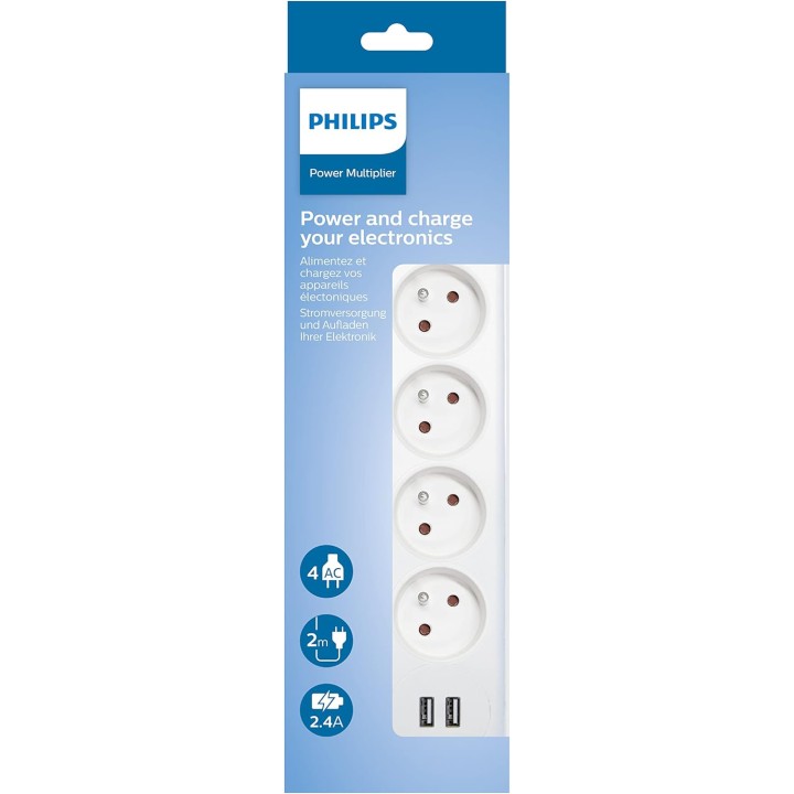 Multiprise parafoudre Philips 4 prises + 2 ports USB - câble 2m - blanc