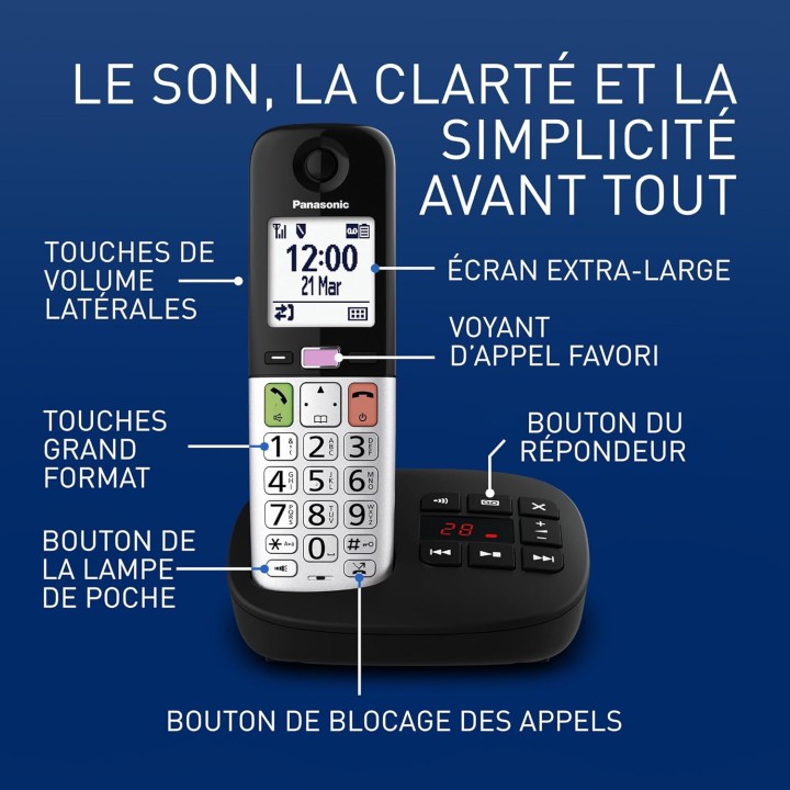 Téléphone sans fil Panasonic avec répondeur - 2 combinés, écran LCD, lampe torche, noir