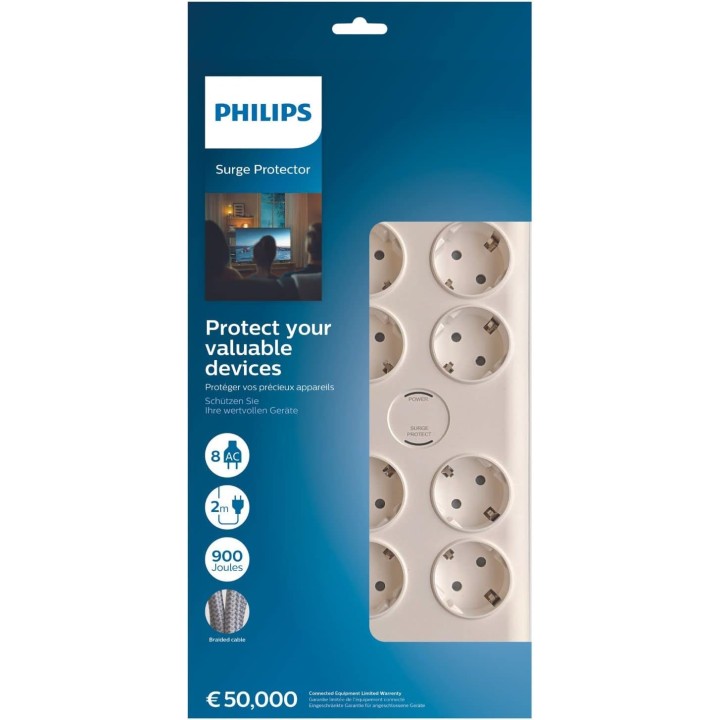 Multiprise 8 prises Schuko avec protection surtension et câble tressé 2 m - Philips