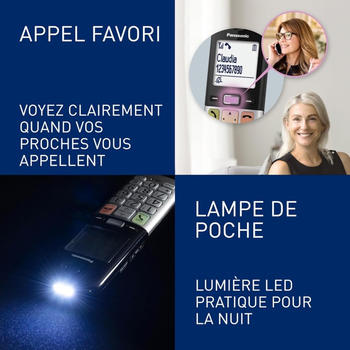 Téléphone sans fil Panasonic avec répondeur - 2 combinés, écran LCD, lampe torche, noir