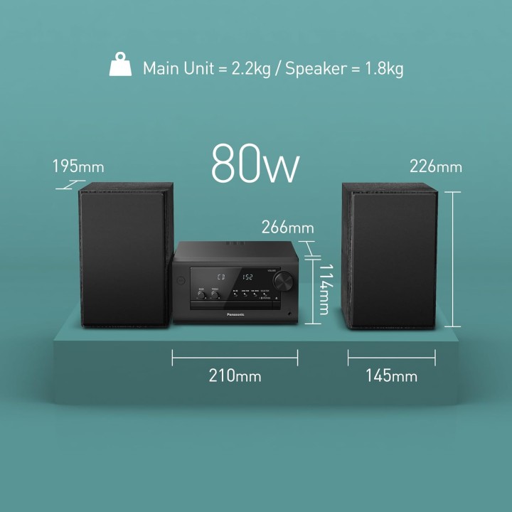 Micro chaîne hi-fi compacte Panasonic 80W - Bluetooth, DAB+, USB, CD - Noir