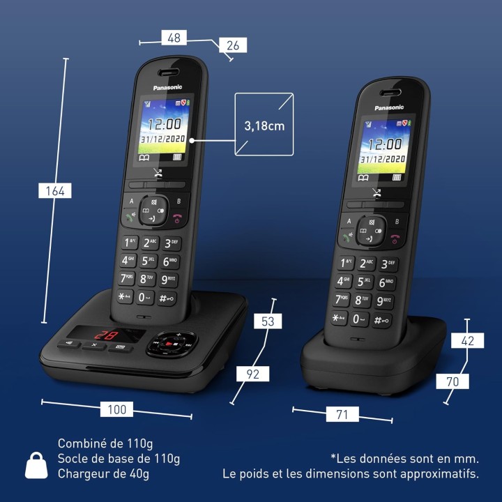 Téléphone sans fil numérique Panasonic duo avec répondeur, écran couleur et blocage d'appels