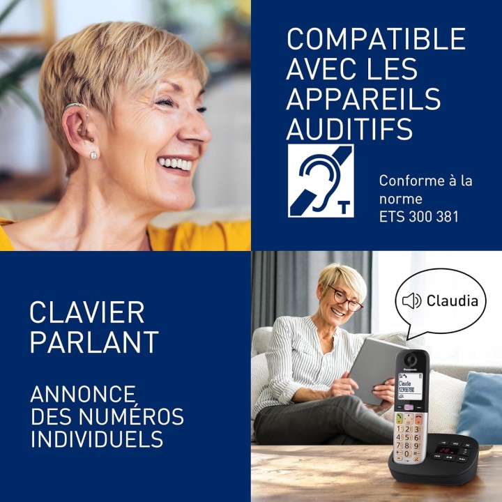 Téléphone sans fil Panasonic avec répondeur - 2 combinés, écran LCD, lampe torche, noir