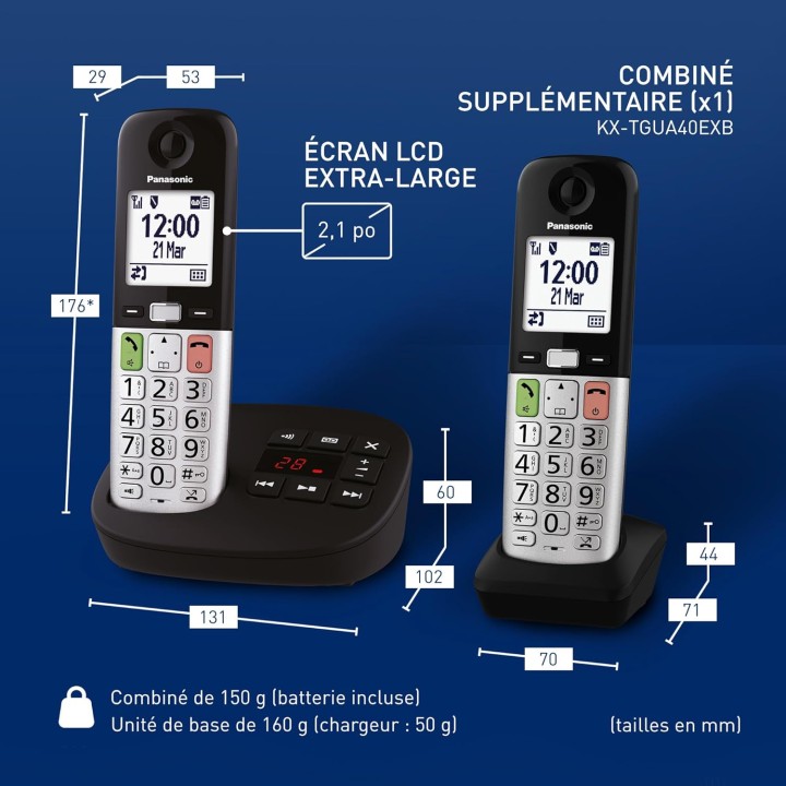 Téléphone sans fil Panasonic avec répondeur - 2 combinés, écran LCD, lampe torche, noir