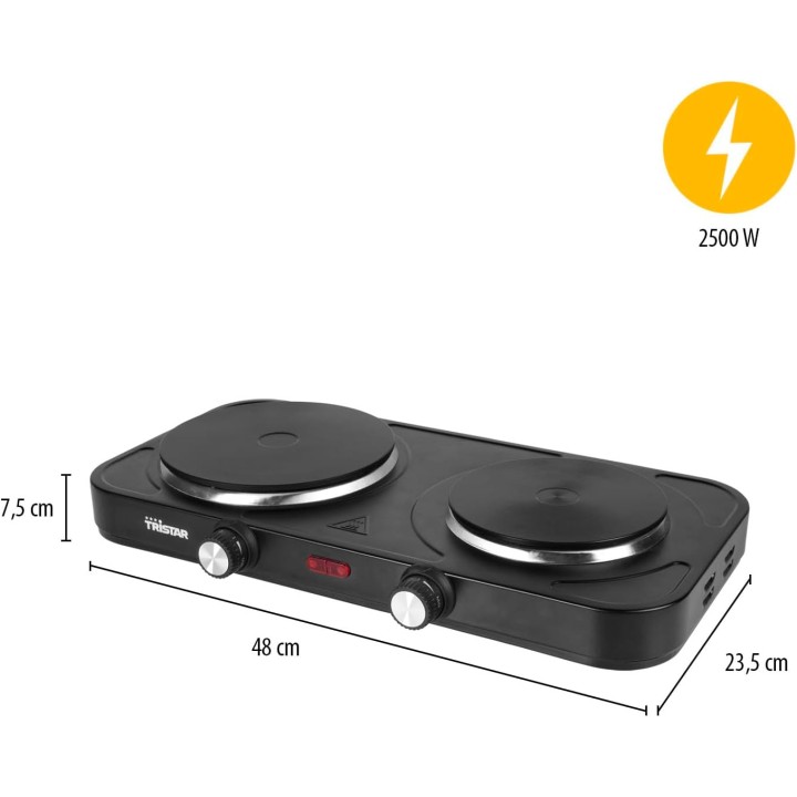 Plaque de cuisson électrique double feu compacte 2500W Tristar – Thermostats réglables