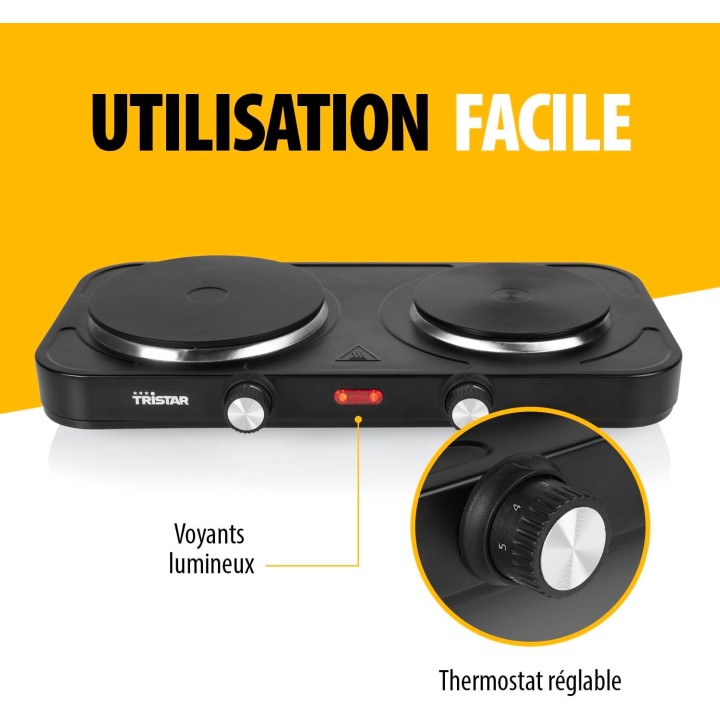 Plaque de cuisson électrique double feu compacte 2500W Tristar – Thermostats réglables