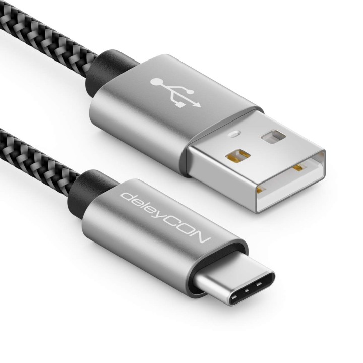 Câble USB-C 1,5 m nylon noir – Charge et synchronisation universelle, connecteurs métalliques