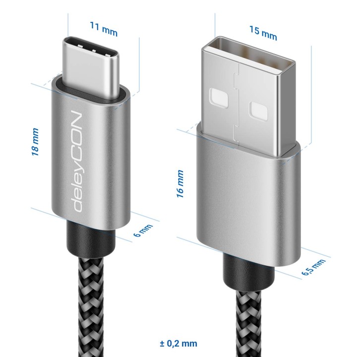 Câble USB-C 1,5 m nylon noir – Charge et synchronisation universelle, connecteurs métalliques