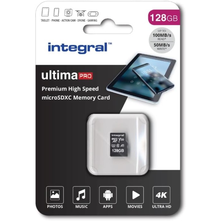 Carte microSD 128 Go haute vitesse 4K UHS-I U3 Class 10 - Integral