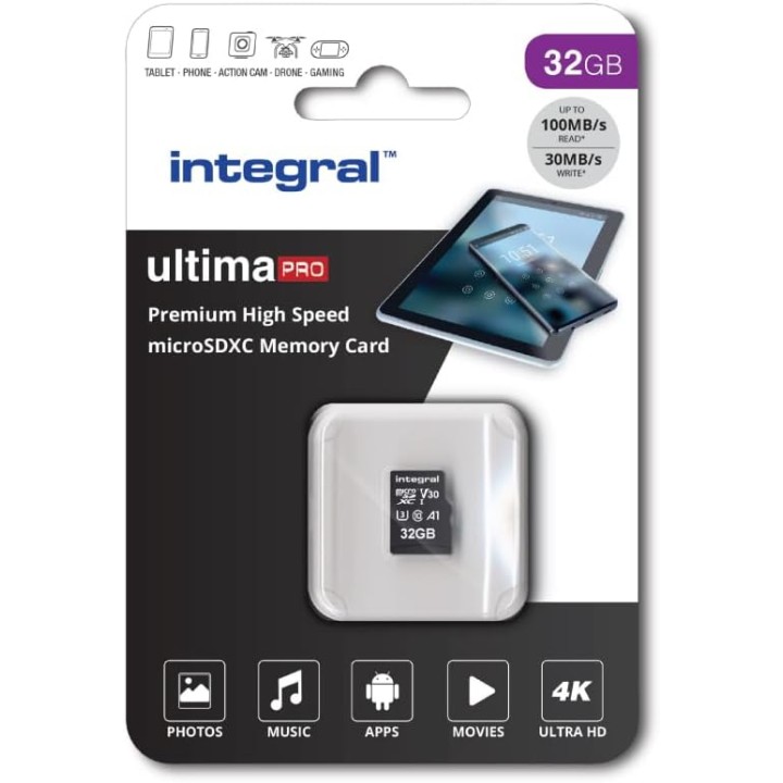 Carte microSDHC 32 Go - 100 MB/s UHS-I U3 V30 avec adaptateur SD - Integral