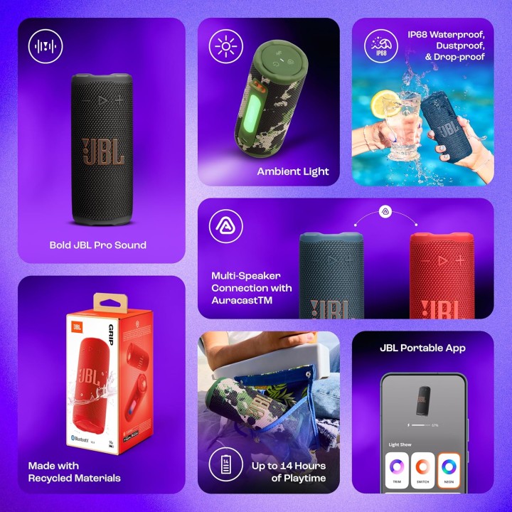 Enceinte Bluetooth compacte JBL Grip - AI Sound Boost - Étanche IP68 - 14h autonomie