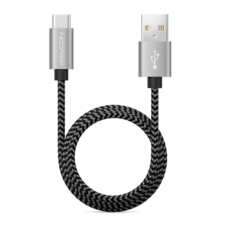 Câble USB-C 1,5 m nylon noir – Charge et synchronisation universelle, connecteurs métalliques