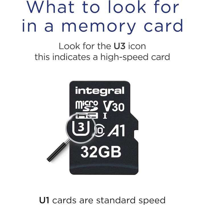 Carte microSDHC 32 Go - 100 MB/s UHS-I U3 V30 avec adaptateur SD - Integral