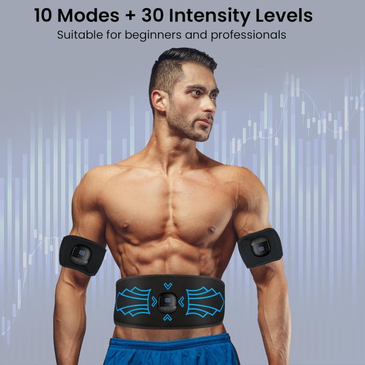 Électrostimulateur abdominal EMS – 10 modes, 30 intensités, USB-C, multi-zones