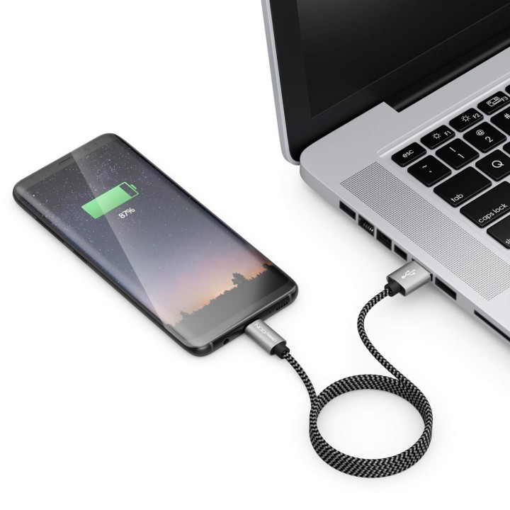 Câble USB-C 1,5 m nylon noir – Charge et synchronisation universelle, connecteurs métalliques