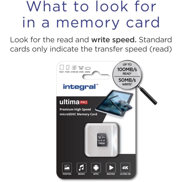 Carte microSD 128 Go haute vitesse 4K UHS-I U3 Class 10 - Integral