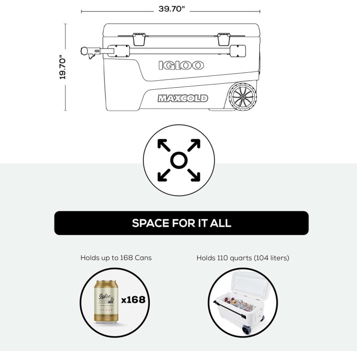 Glacière à roulettes 110QT Igloo – poignée télescopique, isolation longue durée