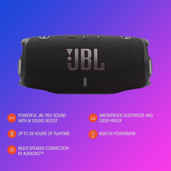 Enceinte Bluetooth portable JBL Charge 6 – 28h, étanche IP68, IA Sound Boost, bleu