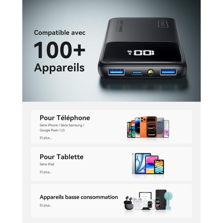 Batterie externe 10000 mAh INIU – Charge rapide PD 3.0 QC 4.0 – USB-C – Universelle