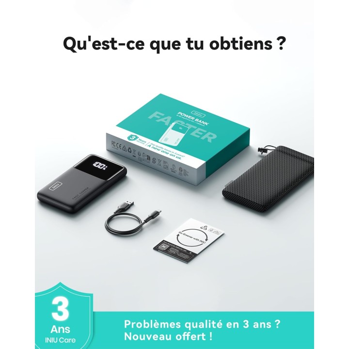 Batterie externe 10000 mAh INIU – Charge rapide PD 3.0 QC 4.0 – USB-C – Universelle