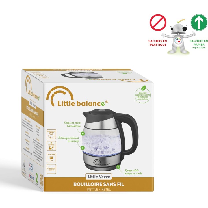 Bouilloire électrique 1,2 L verre borosilicate - LED bleue et sécurité triple