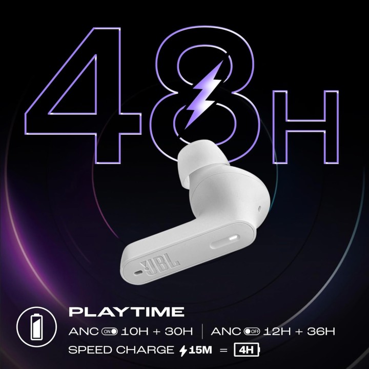 Écouteurs sans fil JBL Tune Beam - Réduction de bruit, Bluetooth 5.3, autonomie 48h - Blanc