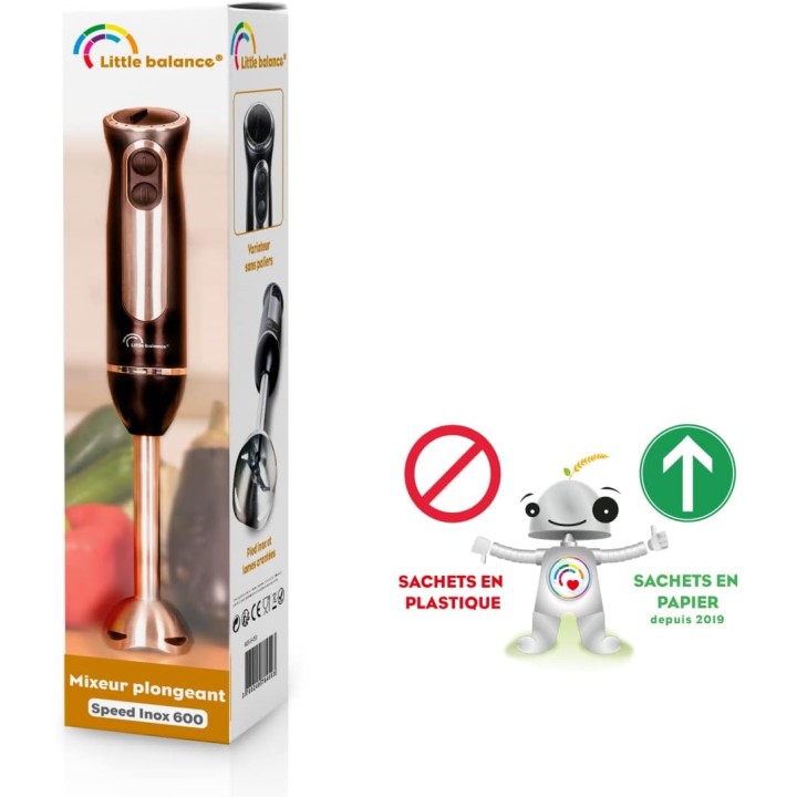 Mixeur plongeant 600 W inox - 8 vitesses turbo, anti-éclaboussures, pied démontable